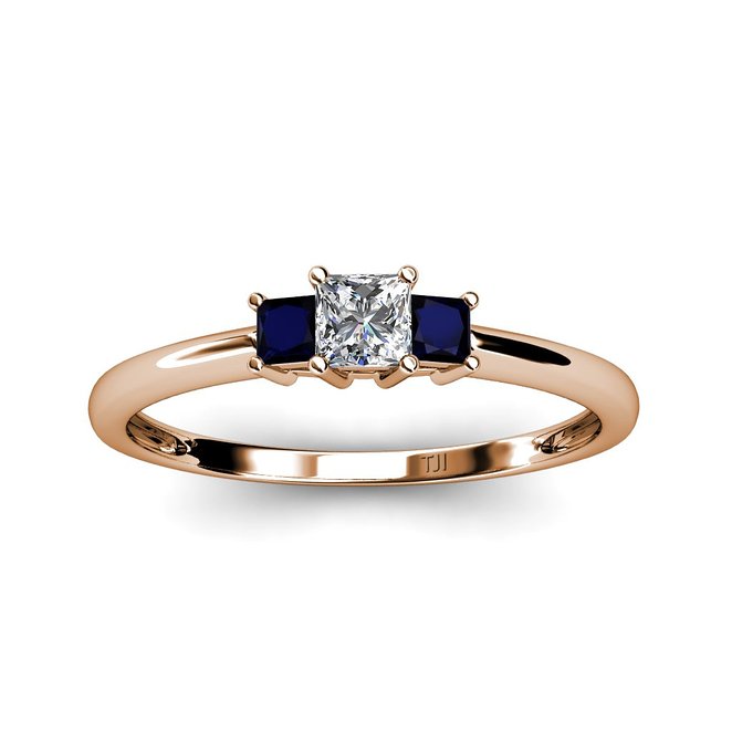 Blue Sapphire and Diamond Three Stone Ring 0.16 ct tw in 14K Yellow Gold