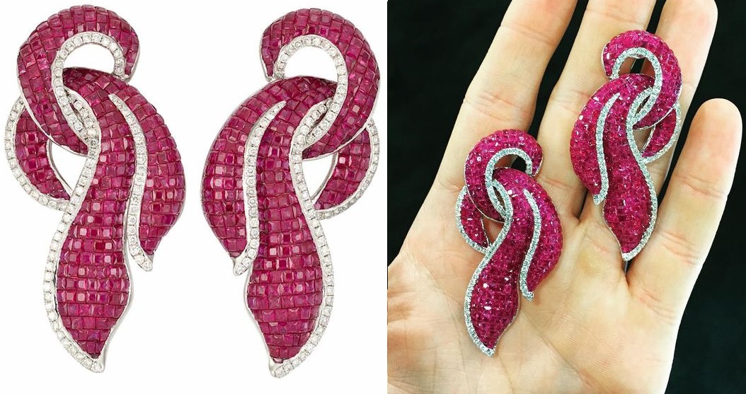 Invisibly-Set Ruby and Diamond Earrings 18 k