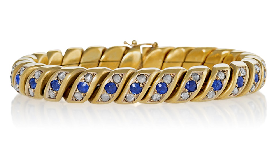 English Antique Diamond Sapphire and Bloomed Gold Link Bracelet