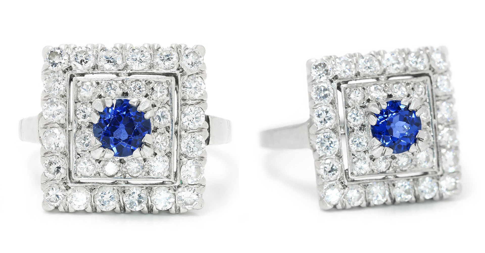 Vintage Art Deco Sapphire Square Ring with Diamonds in Platinum 1.65ctw