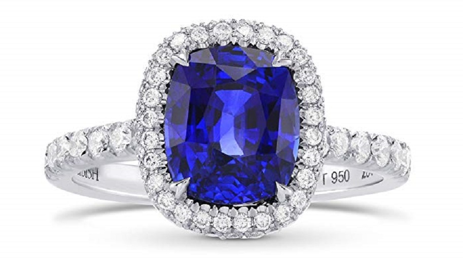 3.79Cts Sapphire Gemstone Side Diamonds Engagement Halo Ring Set in Platinum