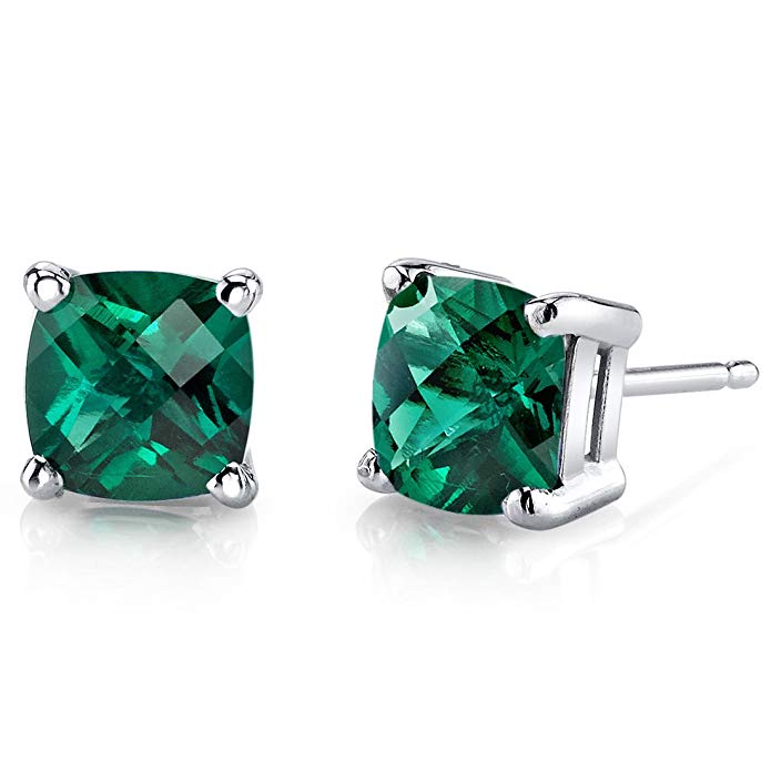 14 Karat White Gold Cushion Cut 1.75 Carats Created Emerald Stud Earrings