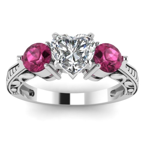 1.10 Ct Heart Shaped Diamond & Pink Sapphire 3 Stone Engagement Rings 14K Gold GIA (E Color, I1 Clarity) Price:$2,299.99