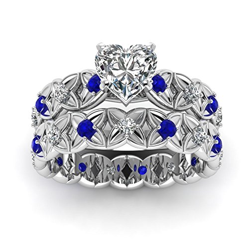 Pave Women Wedding Rings Set 0.90 Ct Heart Shaped Diamond & Blue Sapphire 14K GIA (J Color,VVS2 Clarity)