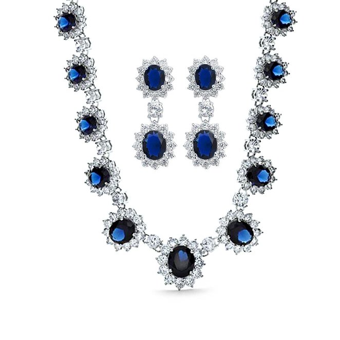 Bling Jewelry Simulated Sapphire CZ Bridal Necklace Earring Set Rhodium Plated