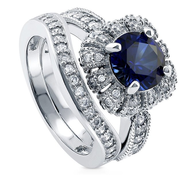 Sterling Silver Round Simulated Blue Sapphire Cubic Zirconia CZ Halo Engagement Ring Set