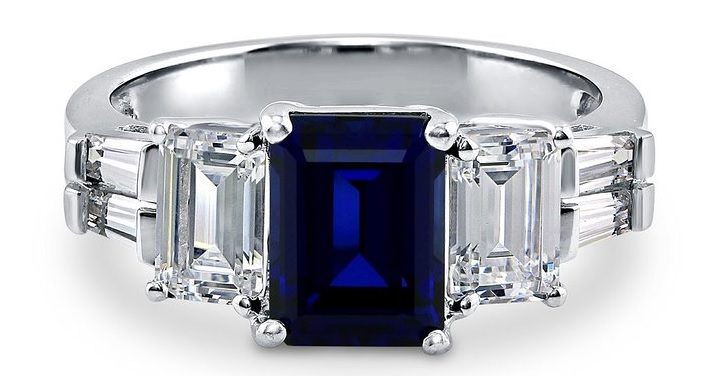 BERRICLE Sterling Silver Emerald Cut Simulated Blue Sapphire Cubic Zirconia CZ 3 Stone Ring