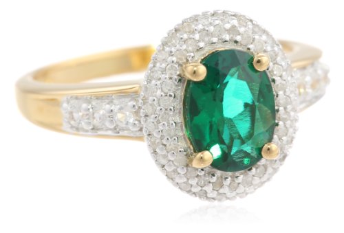 Sterling Silver with Yellow Gold Flash Plating Oval Created Emerald with Round Created White Sapphire Diamond Ring