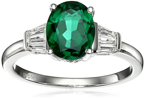 14k White Gold Created Emerald and Created White Sapphires Ring