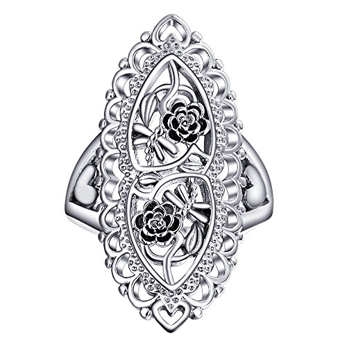 Ubei Jewelry 925 Sterling Silver Openwork Flowers and Dragonfly Victorian Style Filigree Ring