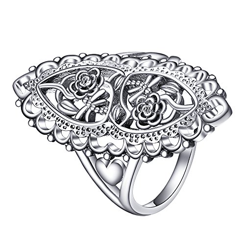 Ubei Jewelry 925 Sterling Silver Openwork Flowers and Dragonfly Victorian Style Filigree Ring