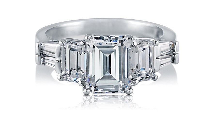 Sterling Silver 3.89 ct.tw Emerald Cut Cubic Zirconia CZ 3 Stone Engagement Wedding Ring