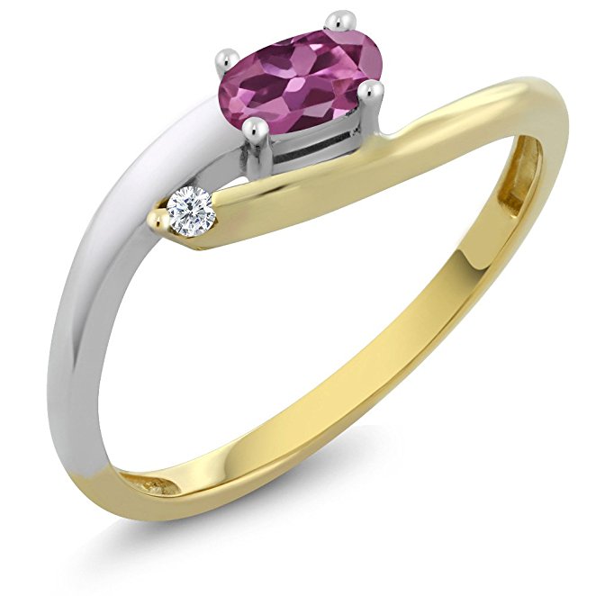 Gem Stone King Solid 18K 2-Tone White and Yellow Gold Natural Pink Tourmaline & White Diamond Women's Ring (0.25 cttw, Available in size 5, 6, 7, 8, 9)