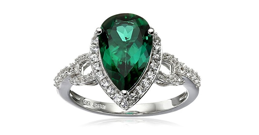 10K White Gold Created Emerald with Created White Sapphire Teardrop Ring