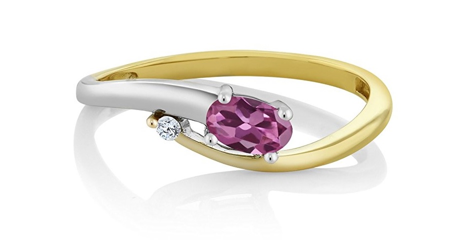 Solid 18K 2-Tone White and Yellow Gold Natural Pink Tourmaline & White Diamond Ring 