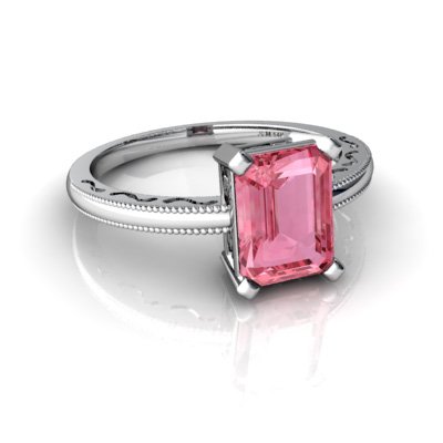 14kt Gold Lab Pink Sapphire 8x6mm Emerald_Cut Milgrain Scroll Ring From Jewels For Me Price:$189.00