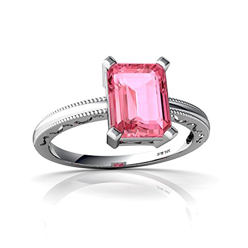  14kt Gold Lab Pink Sapphire 8x6mm Emerald_Cut Milgrain Scroll Ring