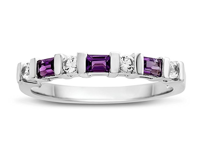 Amethyst and Created White Sapphire Band Ring Sterling Silver