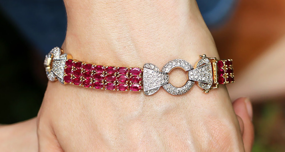 Vintage Ruby Link Bracelet with Diamonds in 14K Two Tone Gold 19.50 cwt