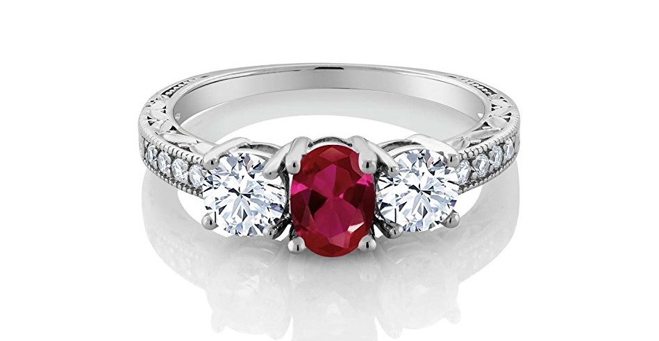 2.52 Ct Oval Red Created Ruby 925 Sterling Silver Women's 3-Stone Engagement Ring 