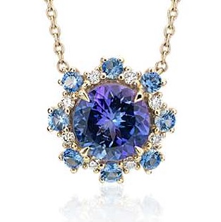 Tanzanite Pendant with Sapphire and Diamond Halo in 14k Yellow Gold (6mm)