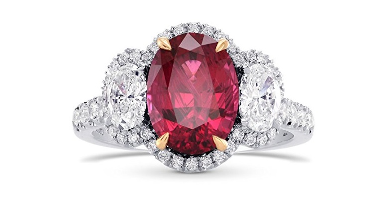 3.24Cts Rubellite Side Diamonds Engagement 3 Stone Ring Set in 18K White Yellow 