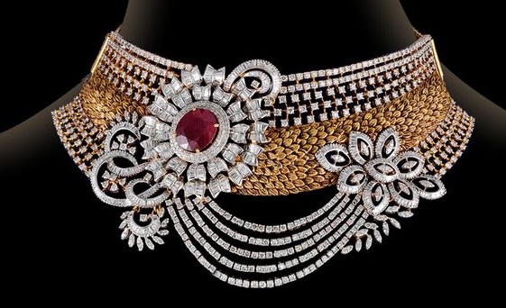 Diamond choker studded with round, baguette shaped diamonds along with Ruby