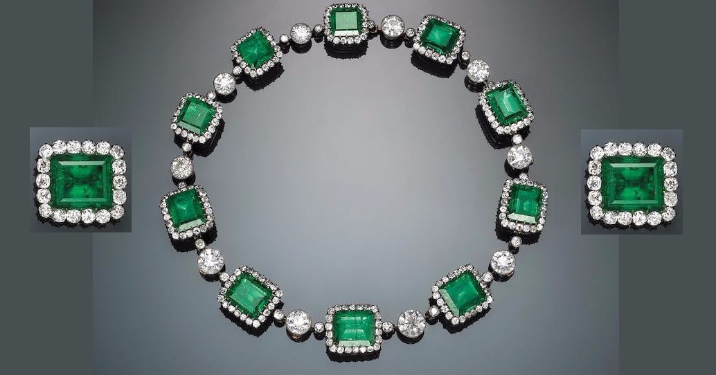 An impressive 19th century emerald, diamond and silver-topped fifteen karat gold necklace with pendant
