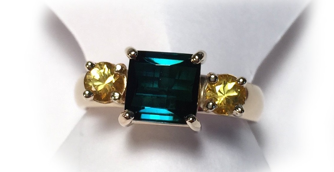 14k Yellow Gold Ring with Indicolite Tourmaline and Yellow Sapphires