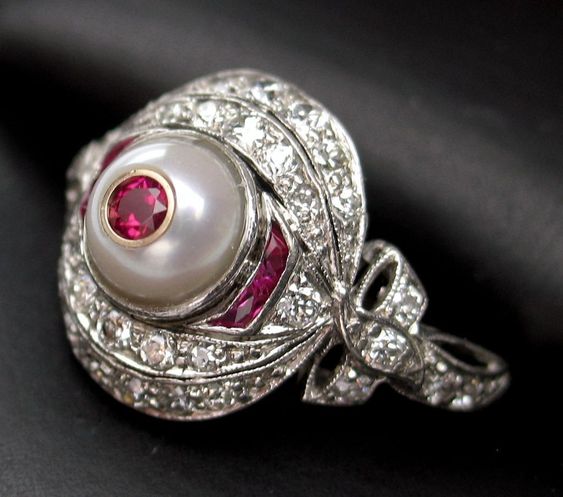 Antique 1911 Edwardian Ruby, Cultured Pearl & Diamond Ring