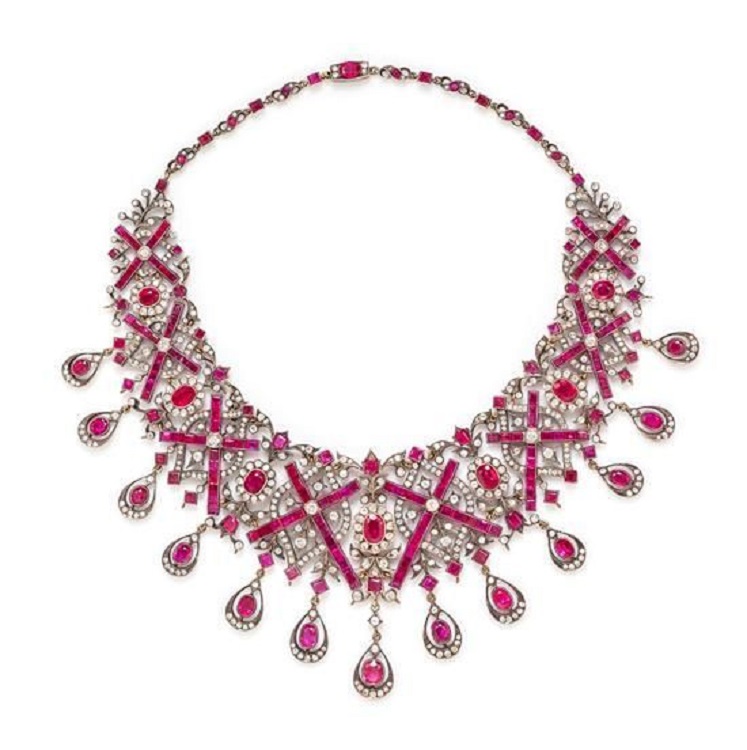 A Silver Topped Gold, Burmese Ruby and Diamond Bib Necklace