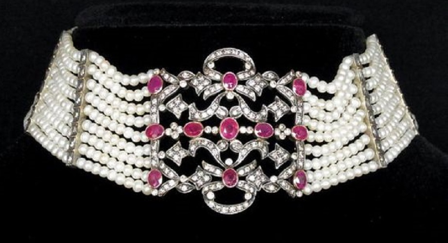 Antique Edwardian Necklace Choker Diamonds Rubies Pearls 18k Gold Silver