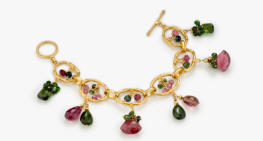 18k Link bracelet with pink and green Toumaline