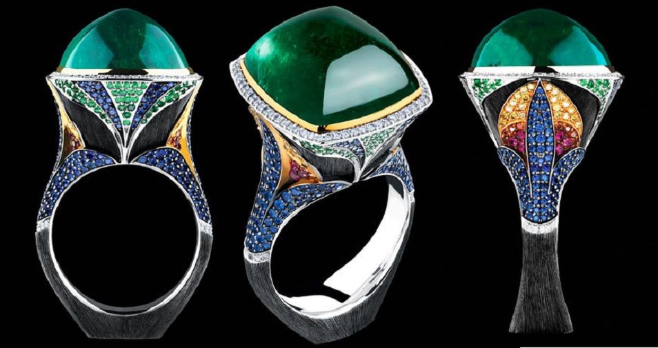 18K white gold emerald diamonds rubies tsavorites ring