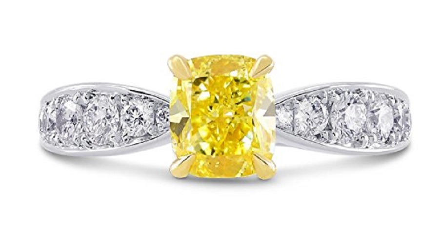 1.63Cts Yellow Diamond Engagement Side Stone Ring Set in Platinum GIA Cert 