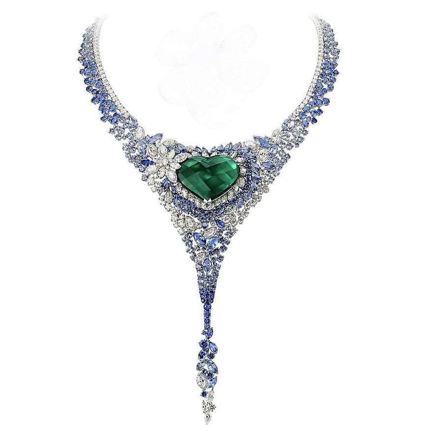 Gorgeous Emerald Heart, Diamonds, Sapphire Necklace by Avakian
