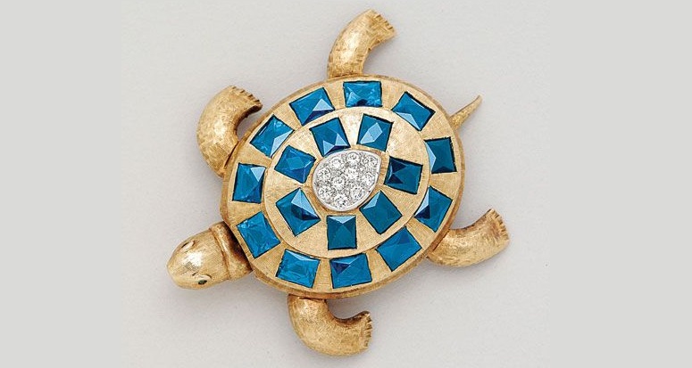 Sapphire, Diamond and 14K Gold Turtle Brooch