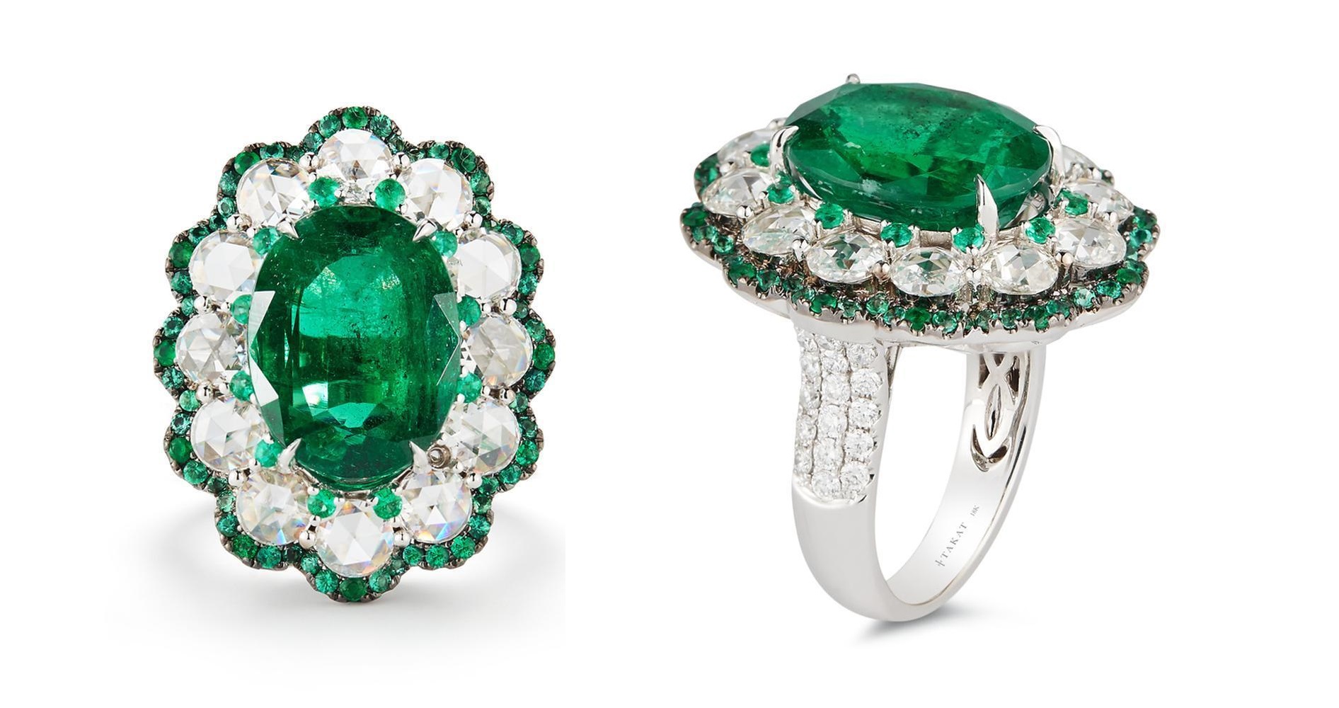 6.07 Carat Natural Green Oval Emerald & Rose Cut Diamonds 18k White Gold Ring