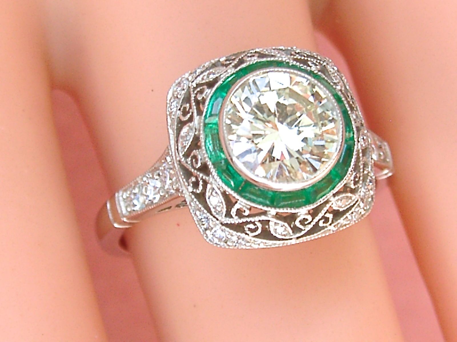 Estate Art Deco 1.24 Ct Brilliant Diamond Emerald Halo Ring