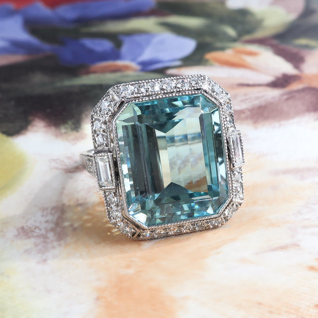 10.07ct t.w. Art Deco Style Emerald Cut Aquamarine & Old Diamond Platinum Ring