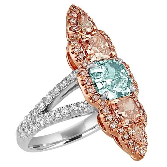 1.57 Carat GIA Certified Blue Green Cushion Cut and Pink and White Diamonds Ring